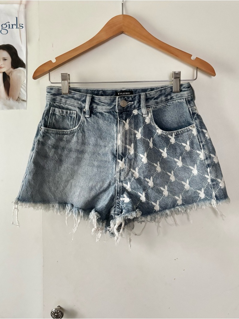 PLAYBOY Light Blue Denim Shorts with White Bunny Print